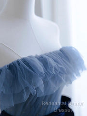 Blue Tulle A-Line Off Shoulder Long Party Dress, Blue Scoop Semi Formal Prom Dress Evening Dress