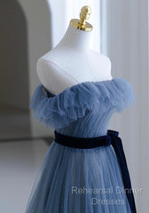 Blue Tulle A-Line Off Shoulder Long Party Dress, Blue Scoop Semi Formal Prom Dress Evening Dress