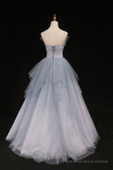 Blue Tulle A-Line Strapless Long Prom Dress, Blue Evening Party Dress