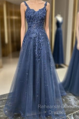 Blue Tulle Applique Long Evening Dress Formal Semi Formal Prom Dress