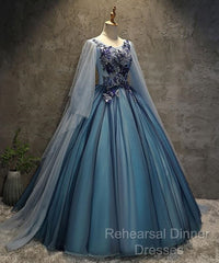 Blue Tulle Ball Gown Long Sweet 16 Dress With Lace Applique, Semi Formal Prom Dress