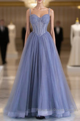 Blue Tulle Beaded Long Semi Formal Prom Dress, Beautiful Spaghetti Strap A-Line Evening Party Dress