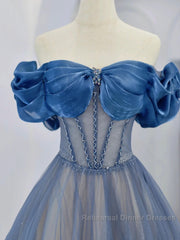 Blue Tulle Beaded Long Semi Formal Prom Dress, Off The Shoulder Evening Party Dress