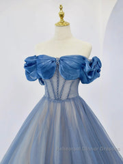Blue Tulle Beaded Long Semi Formal Prom Dress, Off The Shoulder Evening Party Dress