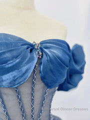 Blue Tulle Beaded Long Semi Formal Prom Dress, Off The Shoulder Evening Party Dress