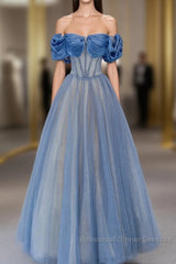Blue Tulle Beaded Long Semi Formal Prom Dress, Off The Shoulder Evening Party Dress