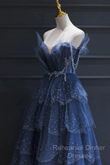 Blue Tulle Beaded Long Senior Semi Formal Prom Dress, A-Line Layers Beaded Long Evening Party Dress