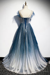 Blue Tulle Beading Long A-Line Prom Dress, Scoop Neckline Evening Dress