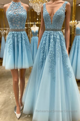 Blue tulle lace A line Semi Formal Prom Dresses blue lace tulle formal Dresses