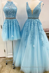 Blue tulle lace A line Semi Formal Prom Dresses blue lace tulle formal Dresses