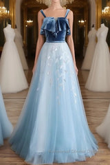 Blue tulle lace long Semi Formal Prom Dresses, blue tulle formal Dresses