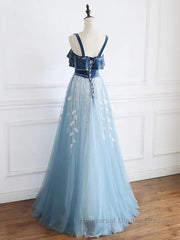 Blue tulle lace long Semi Formal Prom Dresses, blue tulle formal Dresses