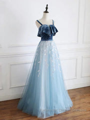 Blue tulle lace long Semi Formal Prom Dresses, blue tulle formal Dresses