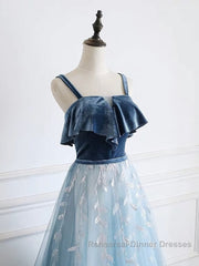 Blue tulle lace long Semi Formal Prom Dresses, blue tulle formal Dresses