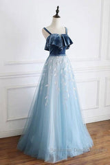 Blue Tulle Lace Long Semi Formal Prom Dress, Blue Tulle Long Evening Dress