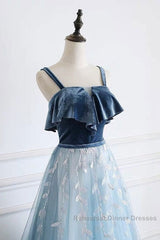 Blue Tulle Lace Long Semi Formal Prom Dress, Blue Tulle Long Evening Dress