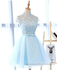 Blue tulle lace short Semi Formal Prom Dresses, blue tulle lace homecoming Dresses
