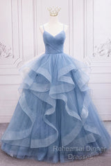 Blue Tulle Layers Long Party Dress Semi Formal Prom Dress, Beautiful Sweet 16 Dresses