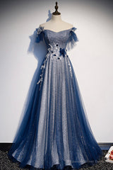 Blue Tulle Long A-Line Prom Dress, Off the Shoulder Evening Party Dress