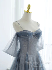 Blue Tulle Long Semi Formal Prom Dress, A-Line Off The Shoulder Blue Evening Party Dress