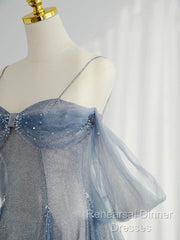 Blue Tulle Long Semi Formal Prom Dress, A-Line Off The Shoulder Blue Evening Party Dress