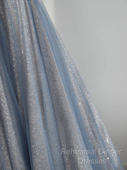 Blue Tulle Long Semi Formal Prom Dress, A-Line Off The Shoulder Blue Evening Party Dress