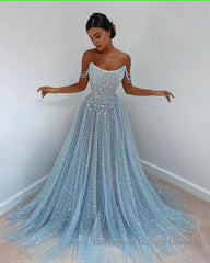 Blue tulle long Semi Formal Prom Dresses, blue tulle evening Dresses