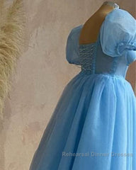 Blue Tulle Puffy Sleeve Midi Dress