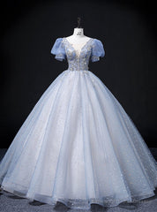 Blue Tulle Sequins See Through V-neck Puff Sleeve Beading Quinceanera Dress