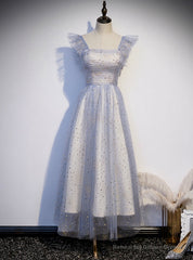 Blue Tulle Sequins Square Ankle Length Prom Dress