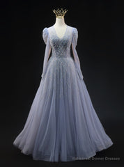 Blue Tulle V-neck Long Sleeve Beading Prom Dress