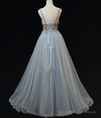 Blue Tulle with Flowers Straps Long Evening Dress, Blue Prom Party Dresses