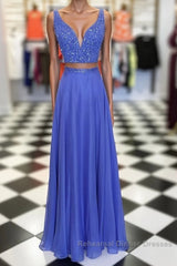 Blue two pieces beads long Semi Formal Prom Dresses, blue evening Dresses