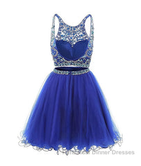 Blue two pieces tulle sequin beads short Semi Formal Prom Dresses, blue homecoming