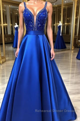 Blue v neck beads satin long Semi Formal Prom Dresses, blue evening Dresses