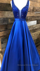 Blue v neck beads satin long Semi Formal Prom Dresses, blue evening Dresses