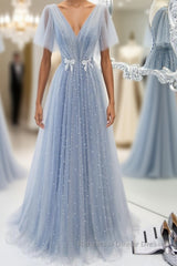 Blue v neck tulle beads long Semi Formal Prom Dresses, blue tulle formal Dresses