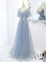 Blue v neck tulle beads long Semi Formal Prom Dresses, blue tulle formal Dresses