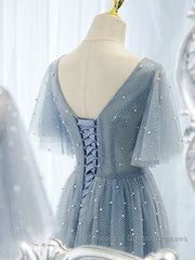 Blue v neck tulle beads long Semi Formal Prom Dresses, blue tulle formal Dresses