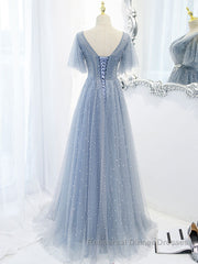 Blue v neck tulle beads long Semi Formal Prom Dresses, blue tulle formal Dresses