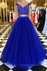 Blue v neck tulle beads two pieces long Semi Formal Prom Dresses, blue evening Dresses