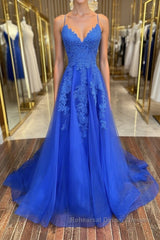 Blue v neck tulle lace long Semi Formal Prom Dresses, blue lace bridesmaid Dresses