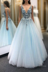 Blue v neck tulle lace long Semi Formal Prom Dresses blue tulle formal Dresses