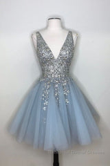 Blue v neck tulle sequin short Semi Formal Prom Dresses, blue homecoming Dresses