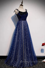 Blue Velvet Tulle Long Semi Formal Prom Dress, Beautiful A-Line Evening Party Dress