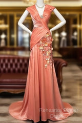Bright Orange Mermaid V-Neck Satin Beaded Long Semi Formal Prom Dress Sequined Evening Gown