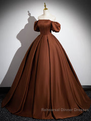 Brown A-Line Satin Long Semi Formal Prom Dress, Brown Long Formal Dress