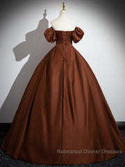 Brown A-Line Satin Long Semi Formal Prom Dress, Brown Long Formal Dress