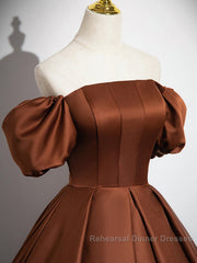Brown A-Line Satin Long Semi Formal Prom Dress, Brown Long Formal Dress