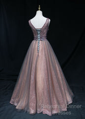 Brown A-Line Tulle Long Formal Dress Features Plunge Neck With Mesh Insert Semi Formal Prom Dress,